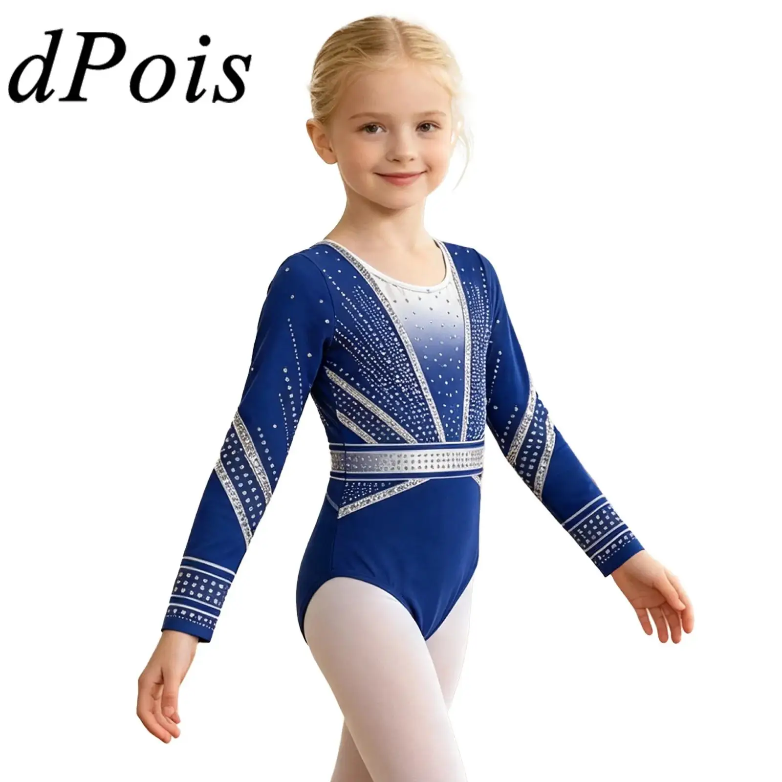 Kids Girls Gymnastics Ballet Leotard Round Neck Long Sleeve Contrast Color Bodysuit Dancewear for Dance Practice Performance