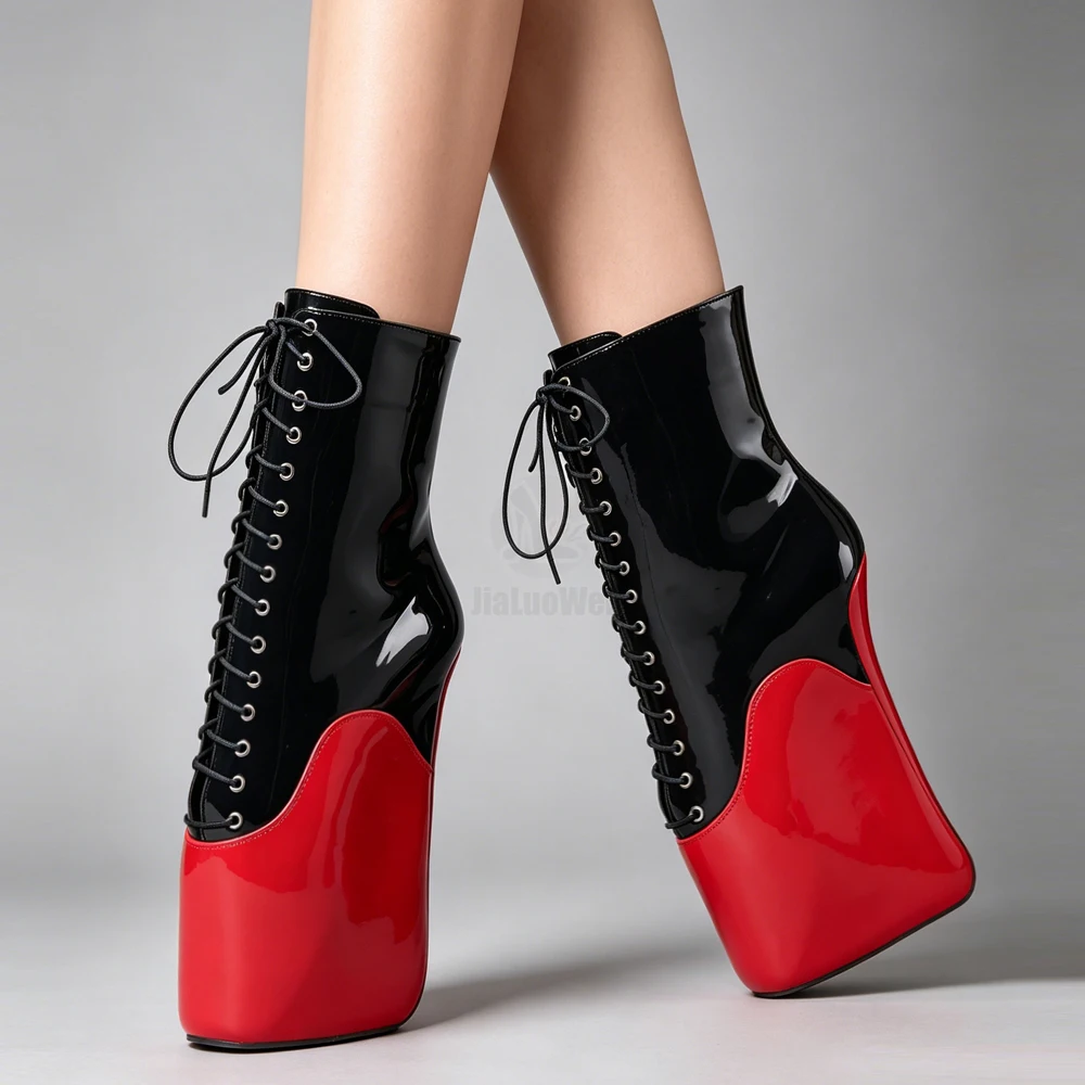 18CM Extreme High Heel Hoof Sole Heelless Wedge Ballet Boots Pastel Blue Pink Two-Tone Ultra High Heel Lace-Up Ankle Boots