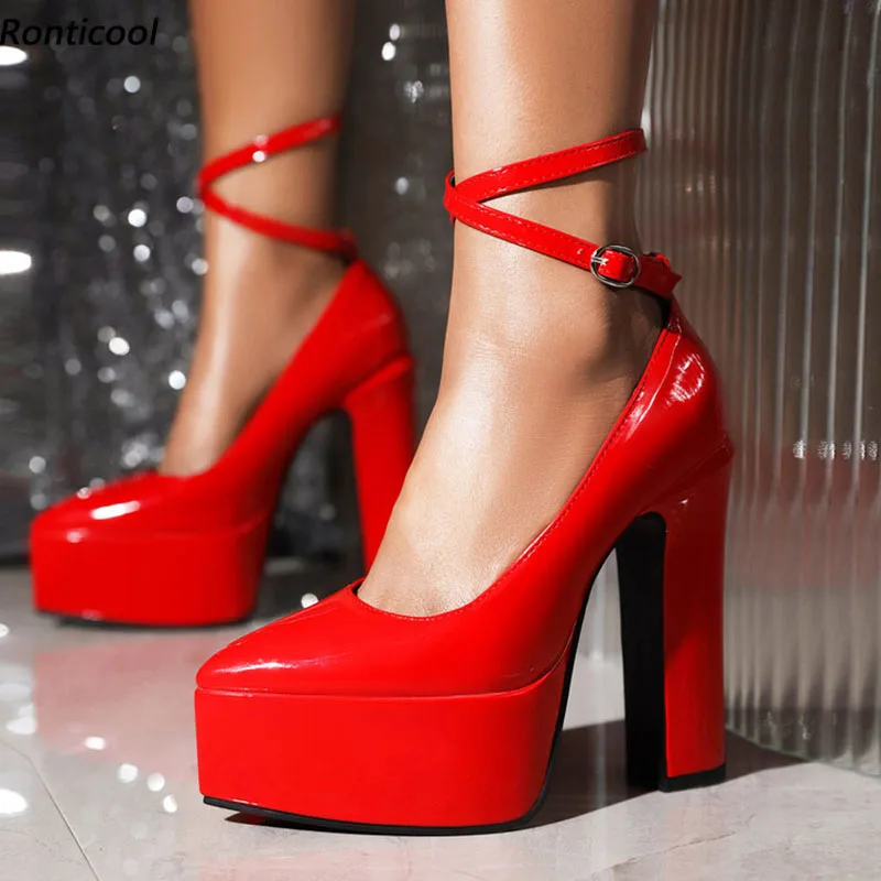 

Ronticool New Fashion Women Platform Pumps Sexy Block Heels Pointed Toe Gorgeous Red Party Shoes US Plus Size 4-16