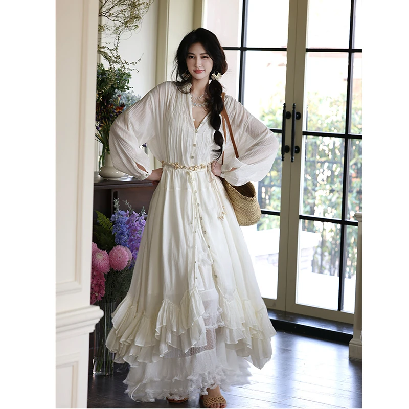 2025 nova chegada primavera outono feminino solto casual a linha vestido em camadas retalhos lanterna manga vestidos de algodão de boa qualidade t274