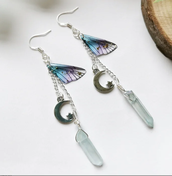 Goddness Butterfly Wings Crescent Moon with Crystal Quartz Dangle Earrings Wicca Jewelry for women