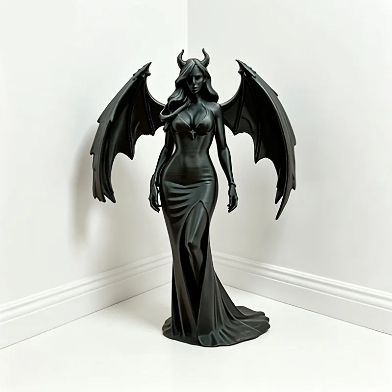 Bat Wing Female Demon Statue 3D Printing Gothic Horned Fantasy Dark Queen Figurine Tabletop Ornament for DIY Desktop Shelf Decor