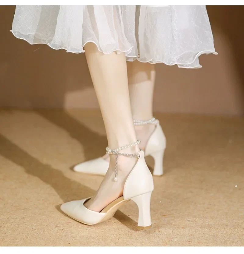 New White Ankle Pearl Strap Strappy Design Fashion High Heels Women Pumps Stiletto Sexy Dress Wedding Bridal Shoes Dress Shoes