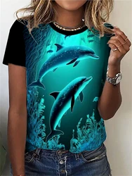 Dolphin Print T-shirt, Casual Short Sleeve Crew Neck Top For Spring & Summer, Women's Clothing