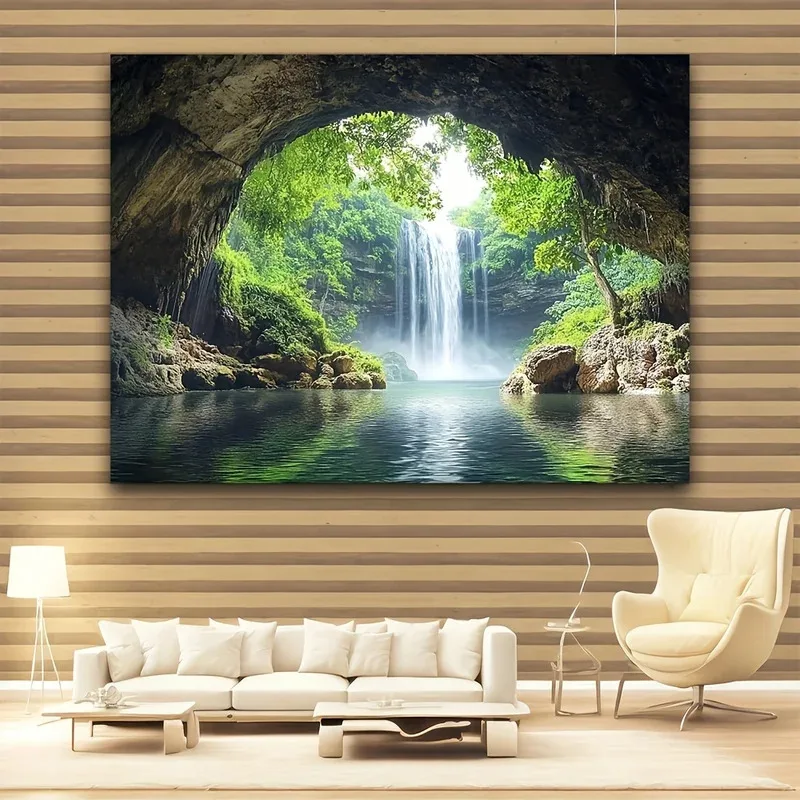 

JKJ201pc Hanging Cloth - Majestic Waterfall in a Lush Green Forest, Viewed from a Cave Entrance for Home Decoration, Perfect4Dn^