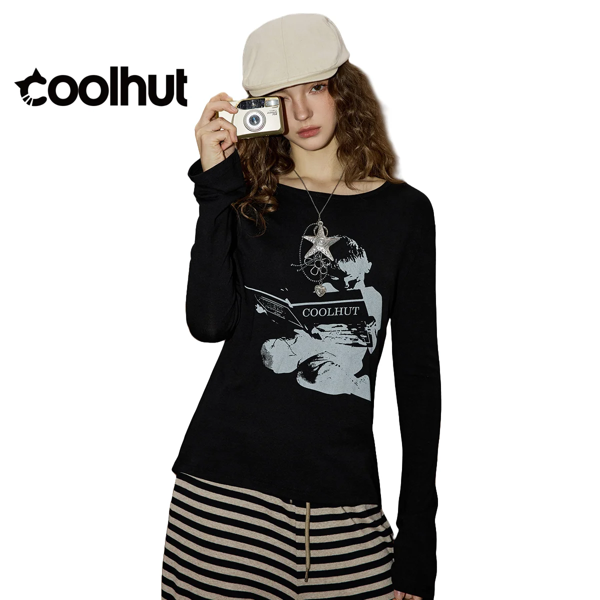 

COOLHUT Women's 2025 Vintage American Print Tee Round Neck Long Sleeve Slim Fit Basic Fall Top Casual Y2K Streetwear Style