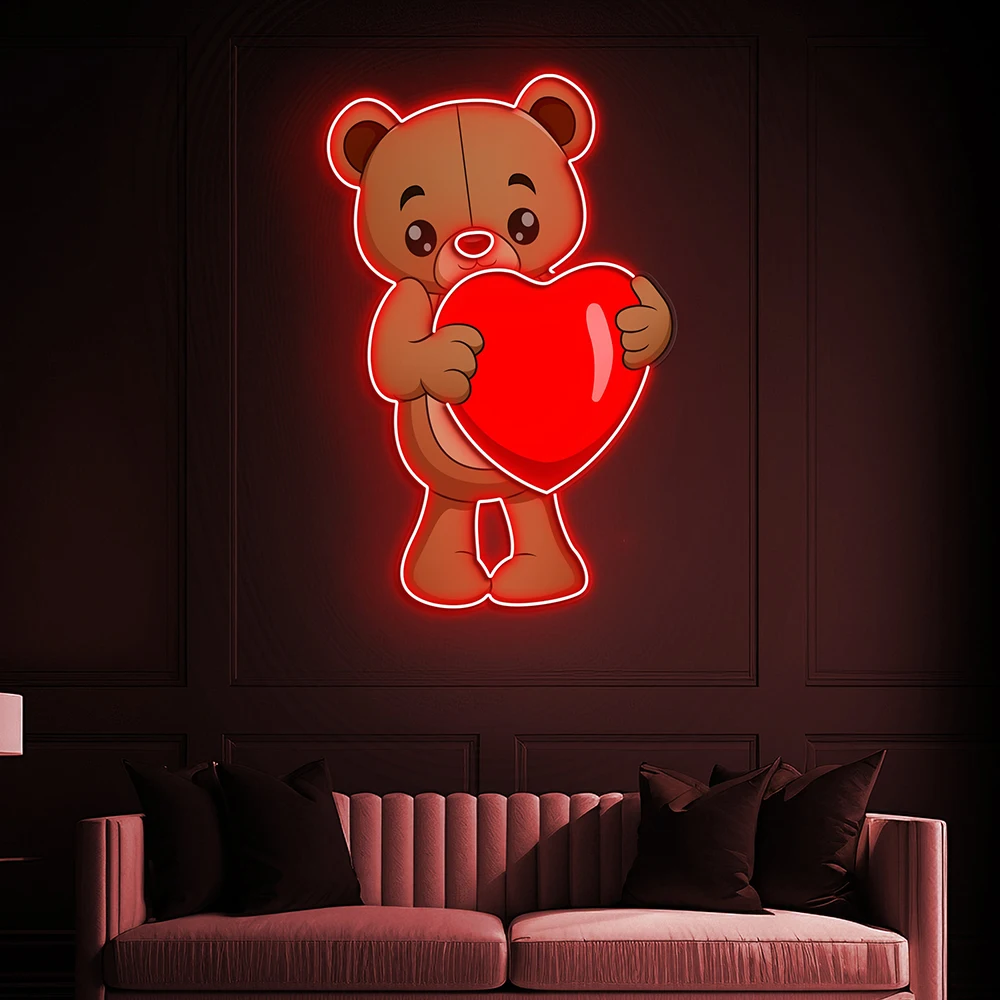 Orso con cuore Neon Sign Cute Bear LED Wall Art Heart Neon Decor Sweet Home Bedroom Decoration Custom Anime Neon Light Signs