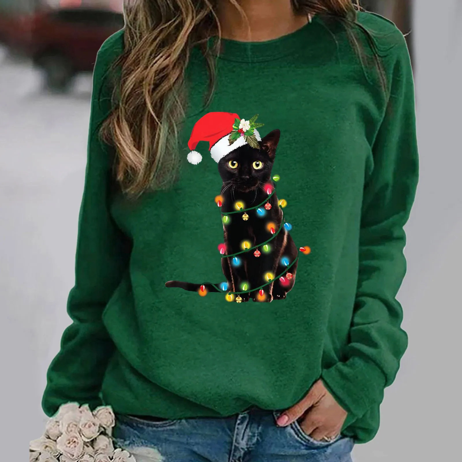 Christmas Printing Hoodies Womens Long-Sleeved Pullover Top Blouse Ugly Cat Print Overcoats Korean New Year Sweatshirts Female