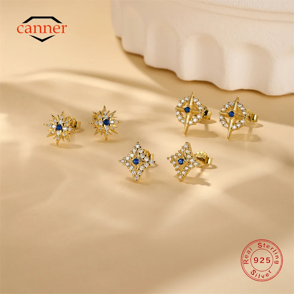 

CANNER Four-pointed Star Blue Zirconia 925 Sterling Silver Stud Earrings for Women Ins Classic Earrings Gifts aretes para mujer
