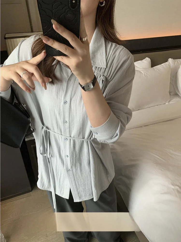 

plus Size Women's Casual Sle irt Dstring Tie Waist Slimming Top Versatile Loose Fit Long Sve Nylon Blend Faion