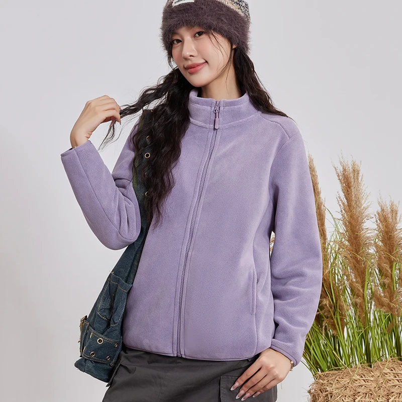 New Stand Collar Warm Polar Fleece Jacket Women Autumn Winter Long Sleeve Zip Up Coats Woman All Match Pocket Solid Plush Jacket