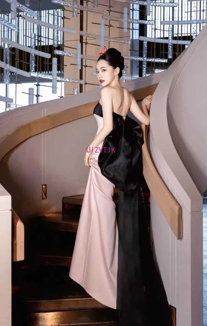 فساتين سهرة مثيرة بدون حمالات باللون الوردي للنساء بدون أكتاف بدون ظهر مع فيونكة لحفلات أعياد الميلاد فستان زفاف طويل حورية البحر بسيط