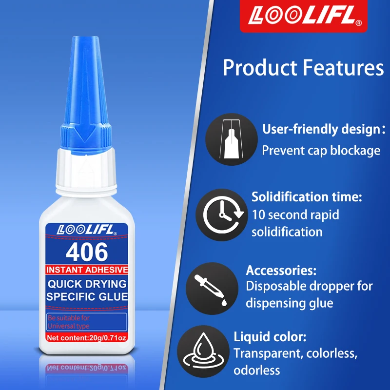 LOOLIFL 406 Super Glue Plastic Professional Adhesive Transparent Cyanoacrylate Glue Fast Drying Odorless Long Lasting Bonding