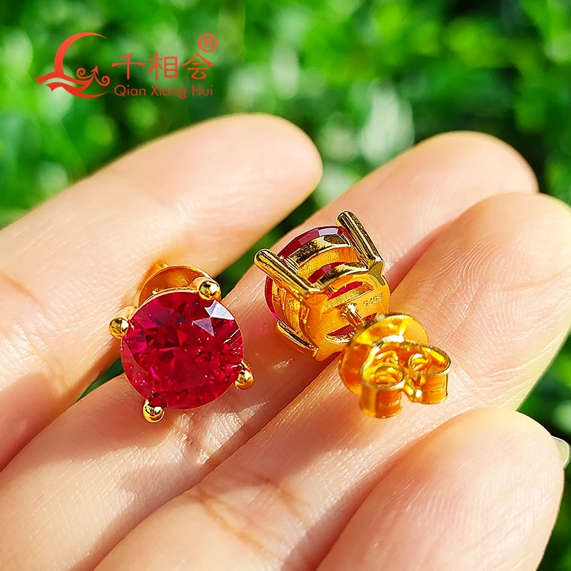 yellow rose gold 5-9mm Pigeon Blood Red color round shape single lab created ruby stone S925 silverear stud  Earing jewelry