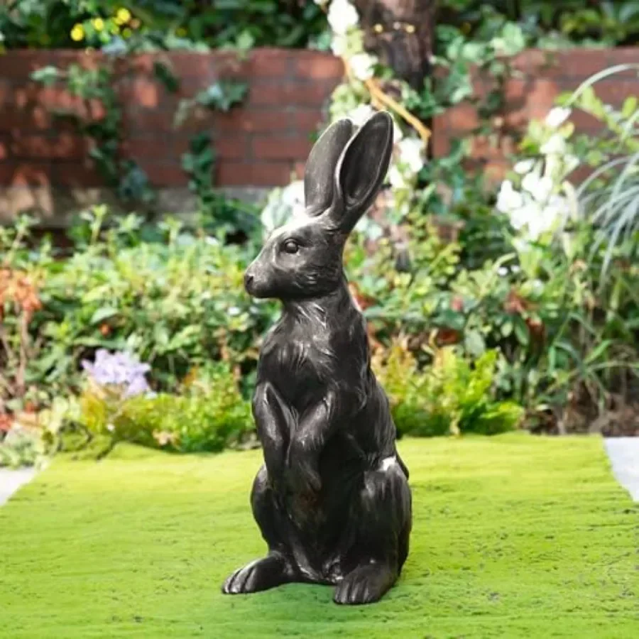 Outdoor garden decoration: bronze-colored rabbit statue, 23-inch tall standing bunny sculpture, MGO material, Easter gift for p