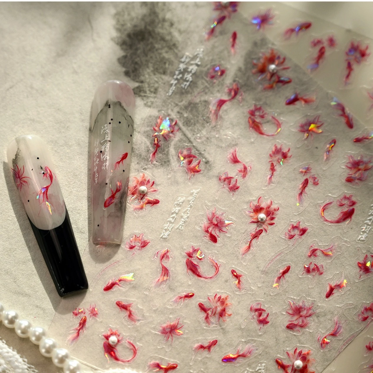 Pesce rosso in stile cinese Koi carpa broccata fiore classico bolle d'acqua caratteri antichi adesivi per nail art fai da te decalcomanie per manicure