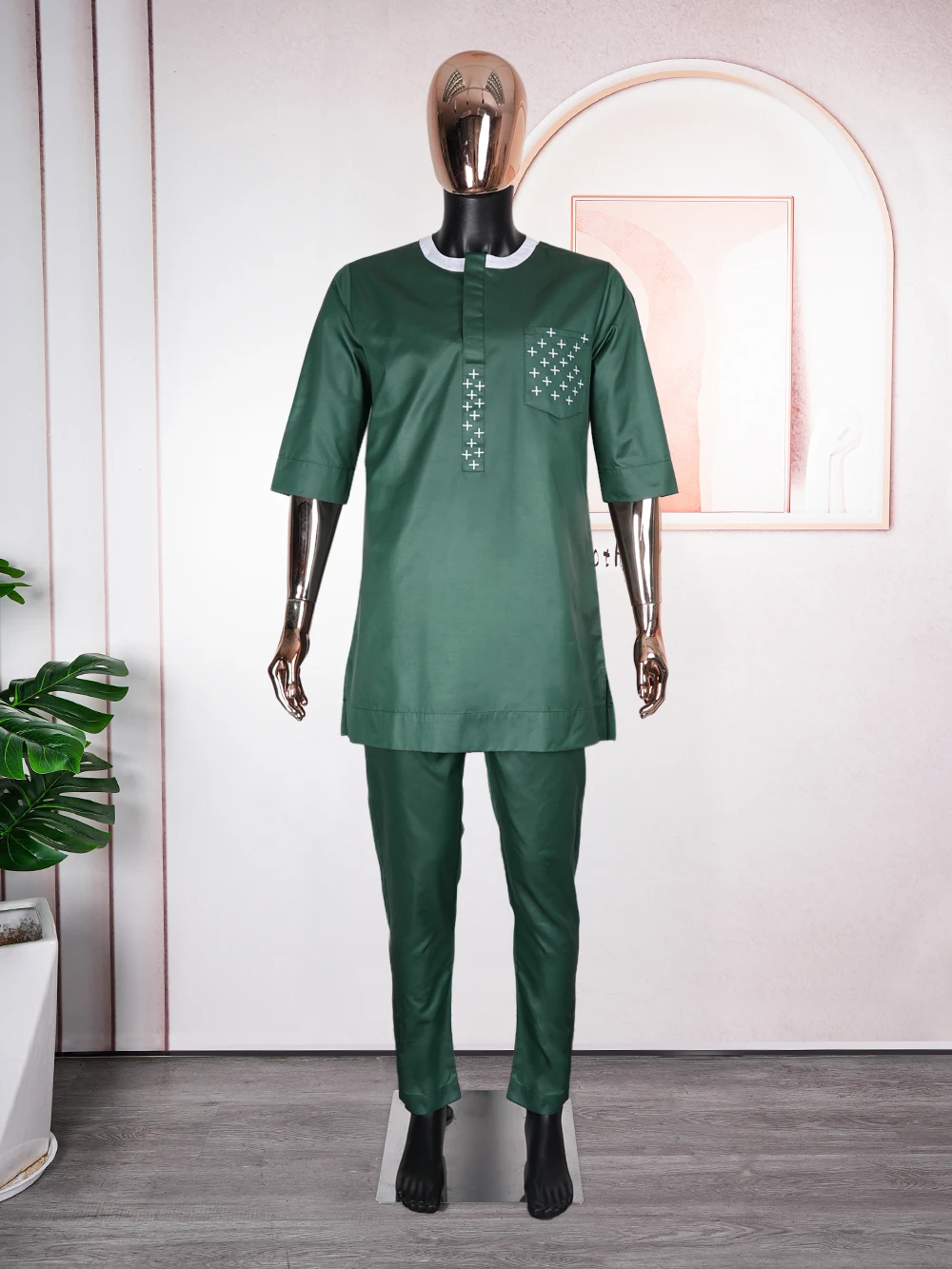 H & D-ropa africana tradicional para hombres, bordado verde, conjunto de 2 piezas, Top, pantalones, Bazin, fiesta de boda musulmana, Dashiki 2024