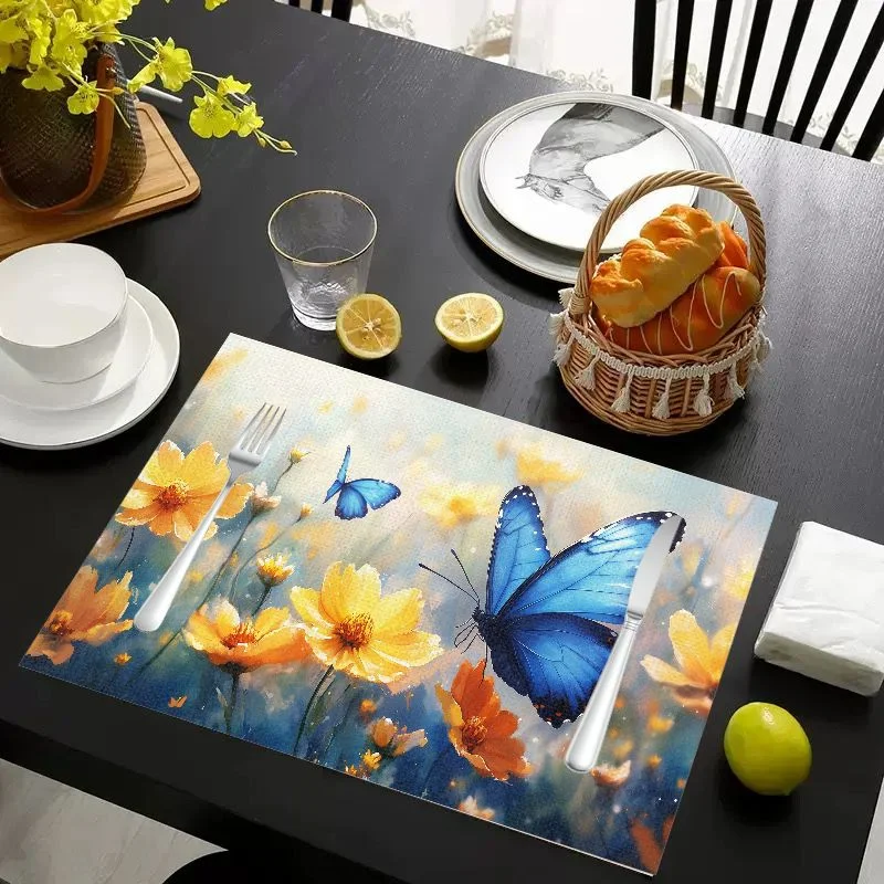 VIKAMA Placemat Yellow Flowers Blue Butterflies, Waterproof Oil-Proof Heat-Resistant Non-Slip Dining Table Mat