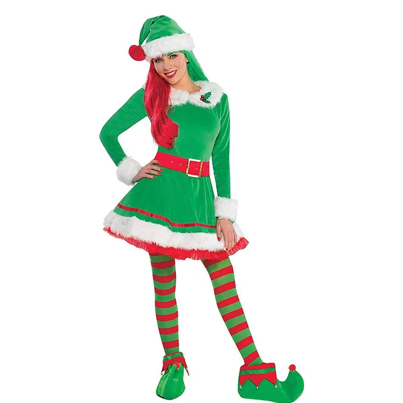 Women's Christmas Elf Cosplay Clothing Green Gold Velvet Long-sleeved Round Neck Dress+striped Stockings+boots Suit