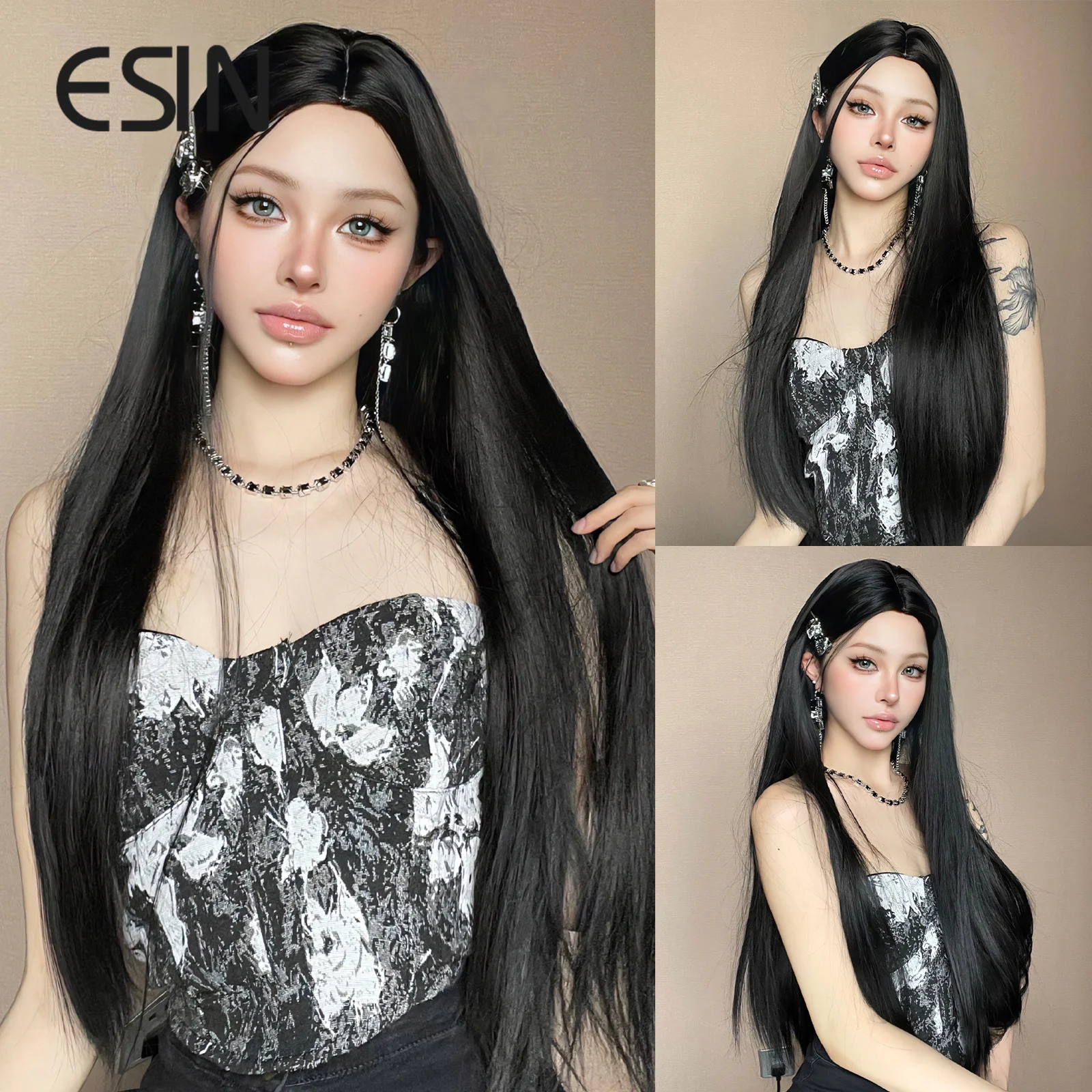 

ESIN Synthetic Black Long Straight Wigs with Bangs Natural Cosplay Hair for Women Party Heat Resistant Fiber Wig