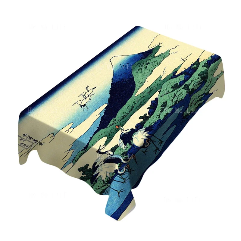 Japanese Red Crowned Crane Dance The Ukiyo E Traditional Hokusai Mountains Landscape Painting Tablecloths By Ho Me Lili