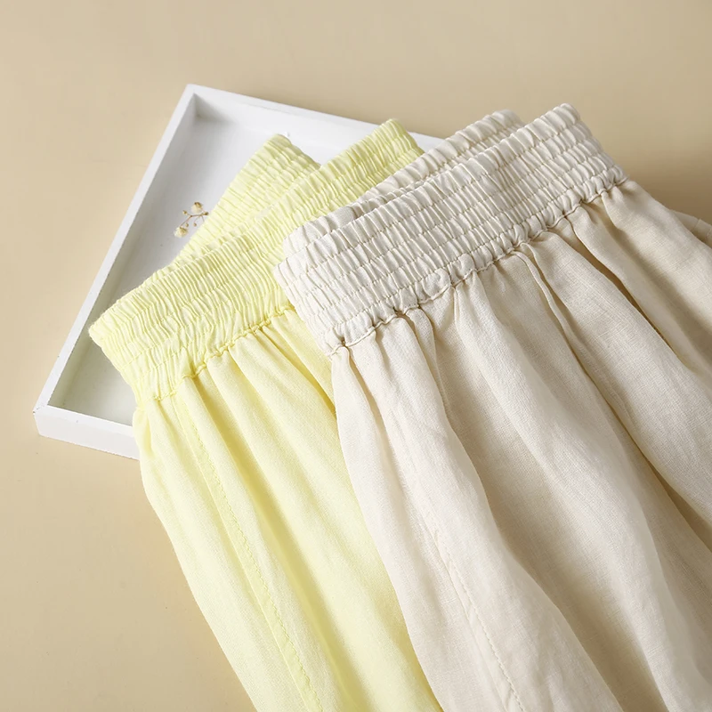 Luźne lniane spodnie haremki damskie plus size z elastyczną talią, dwuwarstwowe, w jednolitym kolorze, z mankietami, długość 7/8, idealne na lato.