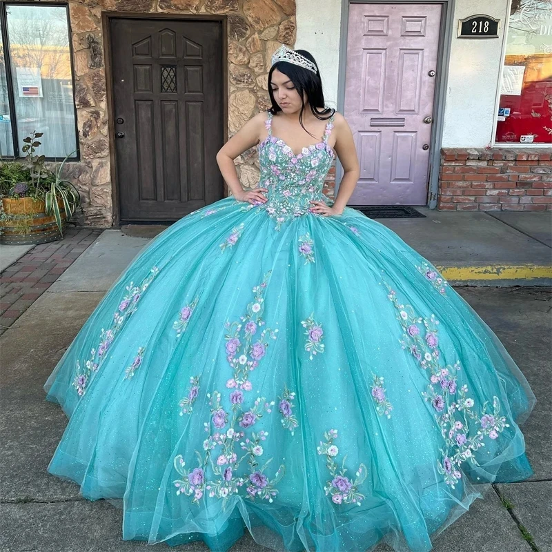 Aqua Blue Quinceanera Dresses Appliques Lace Tull Ball Gown Birthday Gown Lace-Up Sweet 16 Dresses vestidos 15 de