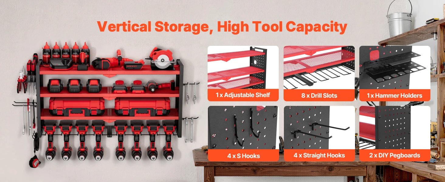 SucceBuy 4-Layer Hand Power Tool Organizer Rack Wall Mounted Pegboards Electric Drill Storage Holder for Garage Workshop