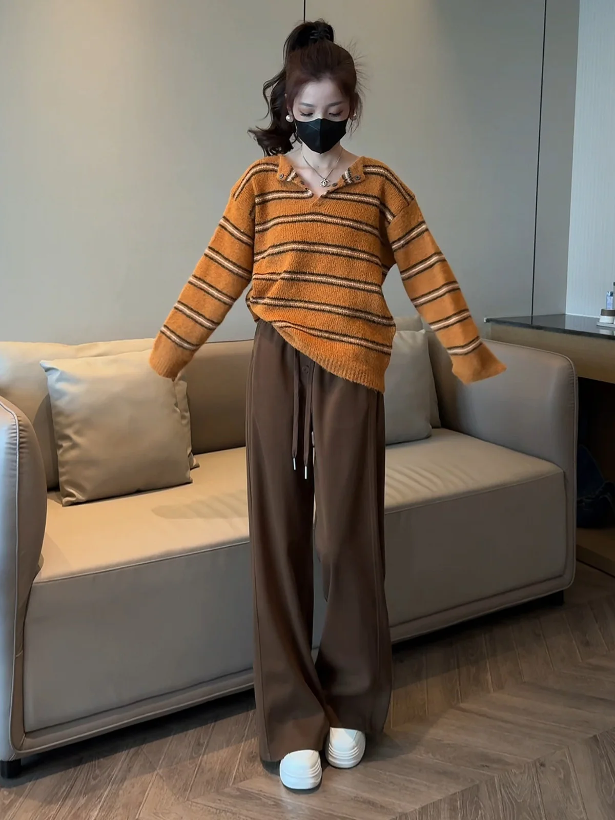 

Корейский винтажный полосатый цветной блуз, свободный крой, женский трикотаж, осень-зима, утягивающий длинный свитер Sve Crew Ne