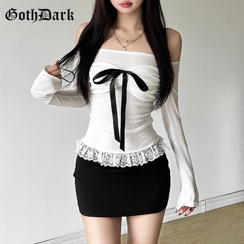 

Goth Dark White Slash Neck See Through Corset Tops Fairy Patchwork Lace Pullover Blouse Women Cyber Y2K Slim Bow T-Shirts Autumn