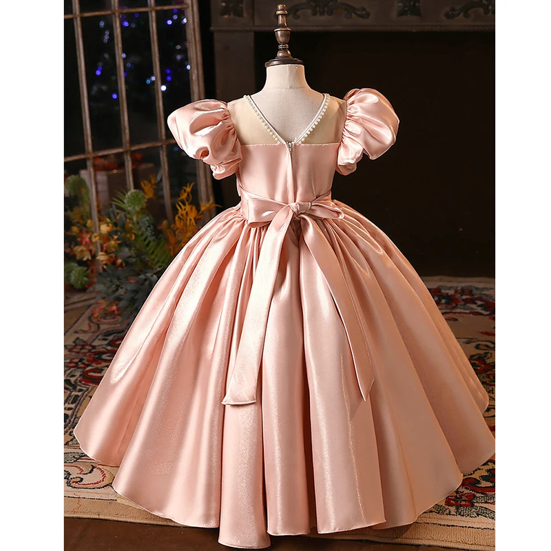 ピンクのシャーリングショートランタンパフスリーブプリンセスフラワーガールドレス、結婚式用、ボウパール付きOネック、ファーストコミュニオンドレス