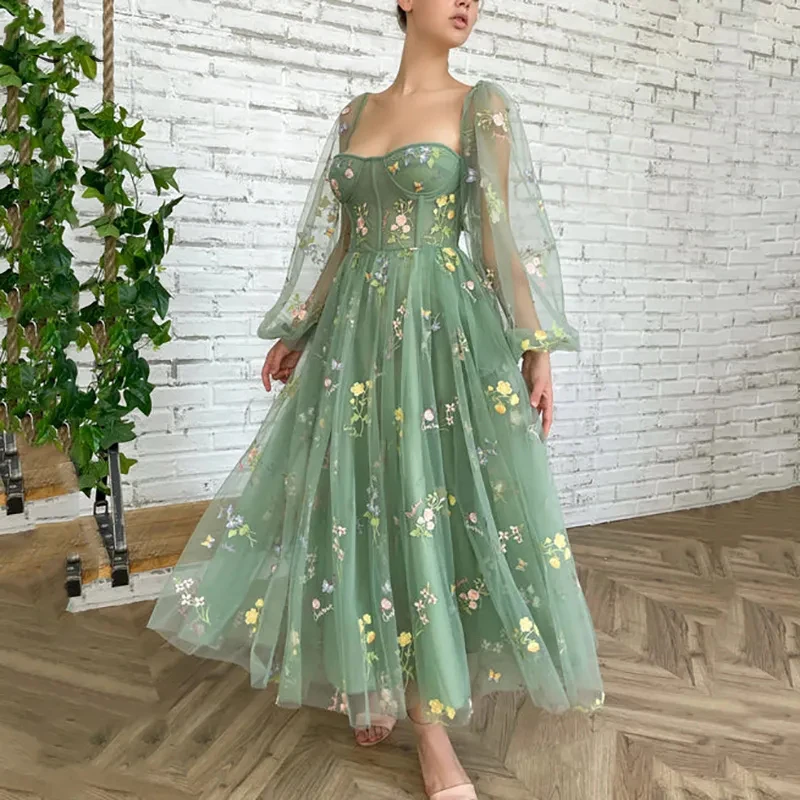 Customized Fairy Forest Green Lace Prom Party Dresses Puffy Sleeves Colorful Flowers Formal Gowns Ankle Length Evening Gown