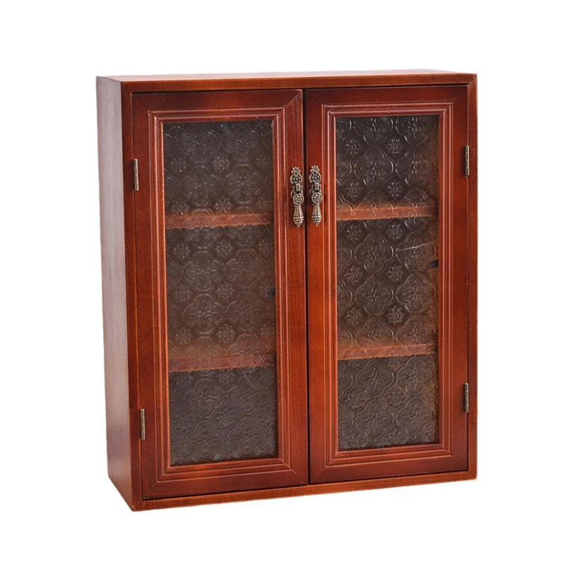 Wooden Bedside Storage Cabinet Organizer Wall Cabinet Vintage Wooden Display Cabinet Double Door, Third Floor