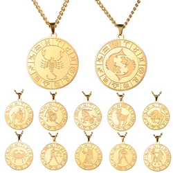 Fashion 12 Constellations Pendants Necklace For Women Men Stainless Steel Zodiac Sign Necklaces Vintage Amulet Jewelry Wholesale