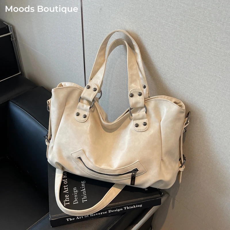 

MOODS High Quality Shoulder Cross Body Hobo Bags For Women Soft PU Leather Large Capacity Shopping Tote Bag With Smiley Zipper