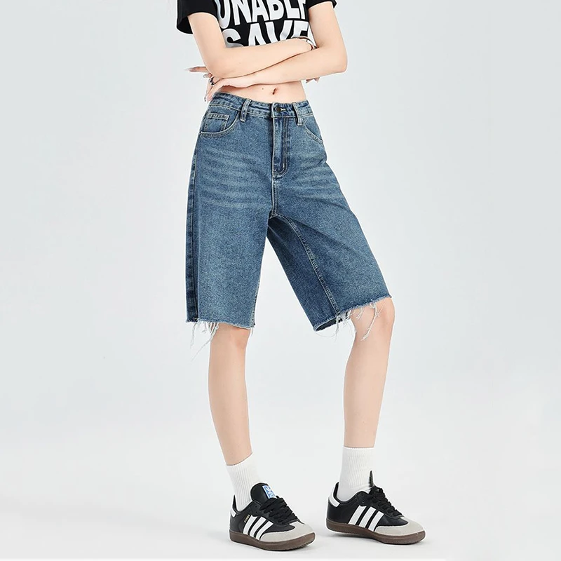 Y2k Style Blue Denim Shorts Women Summer Fashion High Waisted Wash Cropped Baggy Jeans Wide Leg Frayed Pants