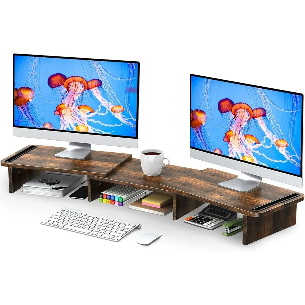 

Dual Monitor Stand Riser, Adjustable Length and Angle, Wood Desk, Monitor Riser with Storage Space (Rust Brown Large)
