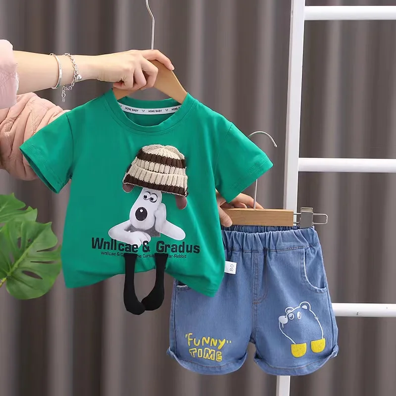 Cartoon Toddler Infant Summer Short Sleeve T-Shirt+Jeans Shorts 2 Piece Suit Baby Boys Clothes Kids 1-5T Sport Casual Outfits