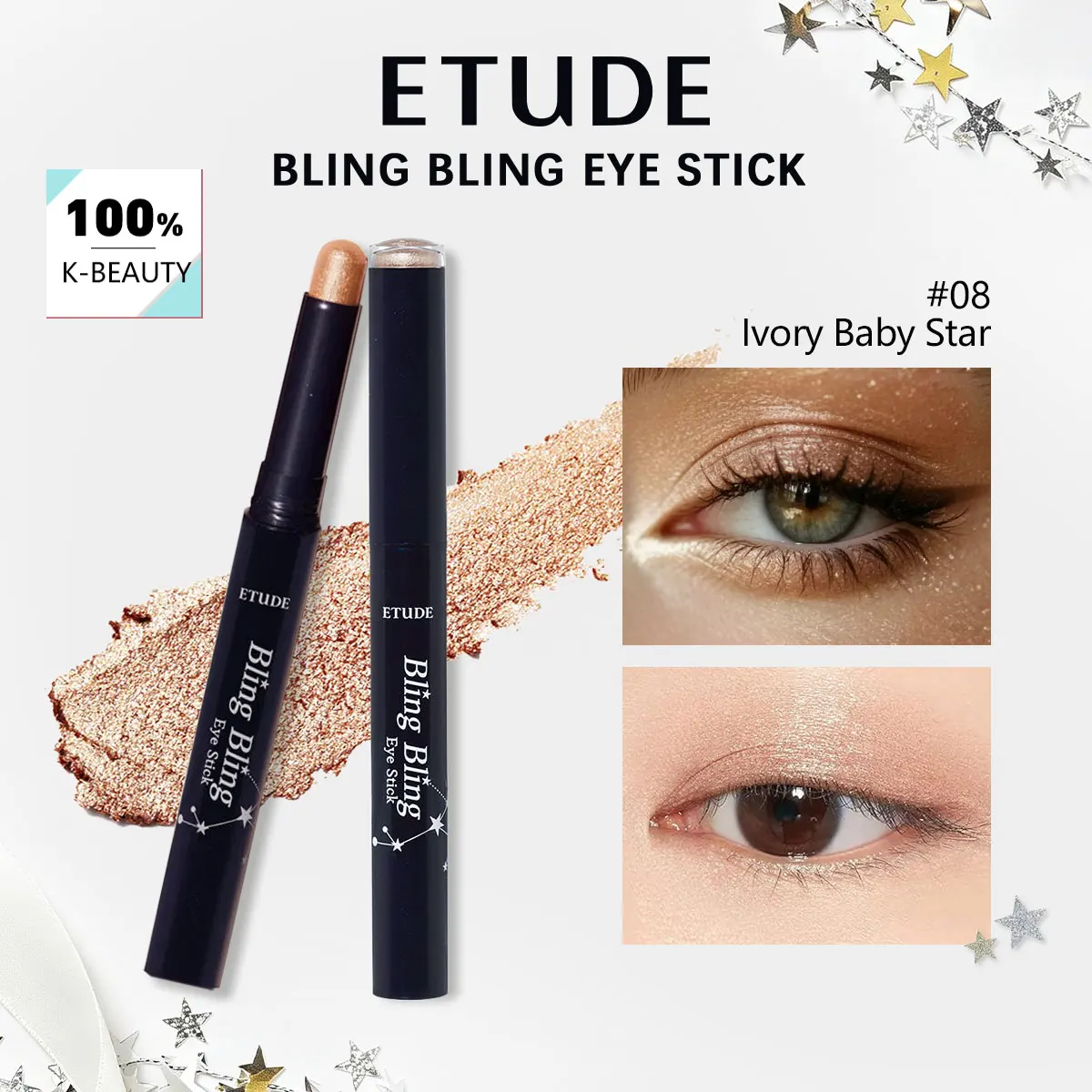 ETUDE Bling Eye Stick 08 Ivory Baby Star,High-Impact Sparkle,Soft Waxy Balm Touch,Metallic Shimmer,Korean Cosmetic and Makeup