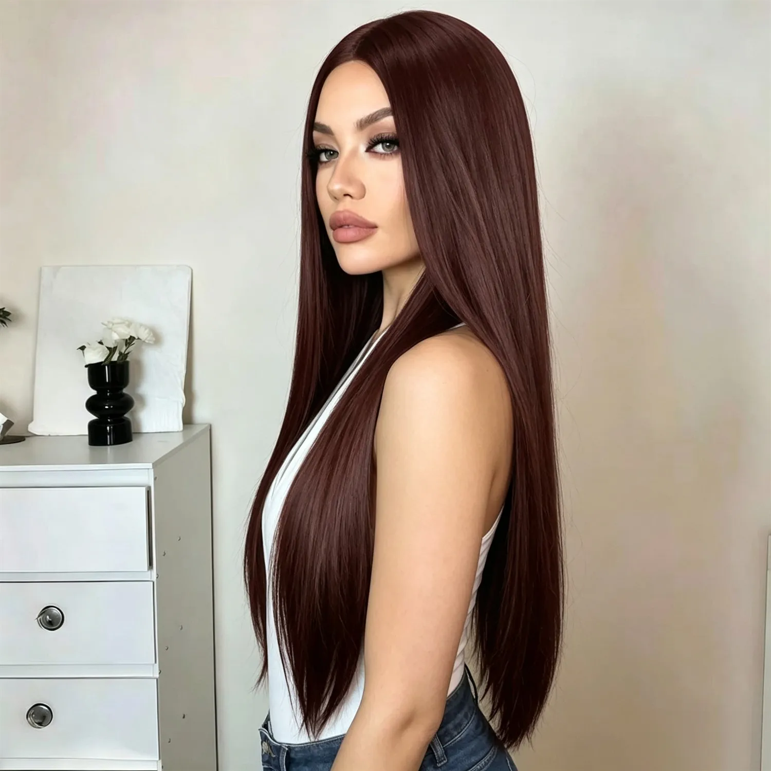 Straight Wig 30 Inch 2 Dark Brown Heat Resistant Synthetic Wig For Women With Side Bangs
