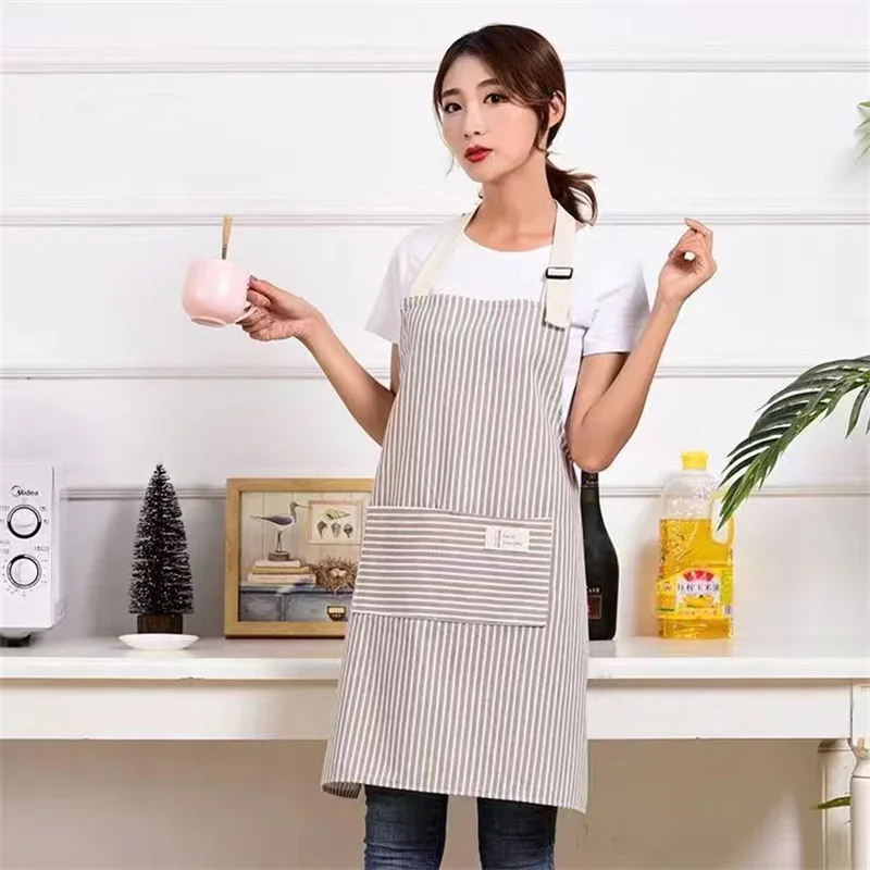 New Japanese Cotton Linen Fashion Striped Apron Pocket Florist Gardening Coffee Shop Overalls Kitchen Cooking Apron Sleeveless