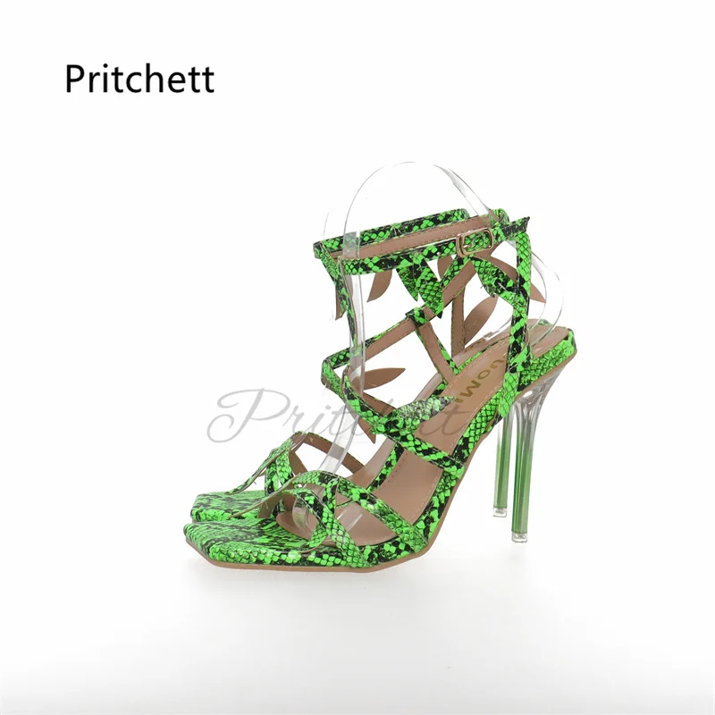 

Snake Pattern Stiletto Sandals for Women Green Open Square Toe High Heels Buckle Leaves Decor Summer Shoes Concise Party Shoes