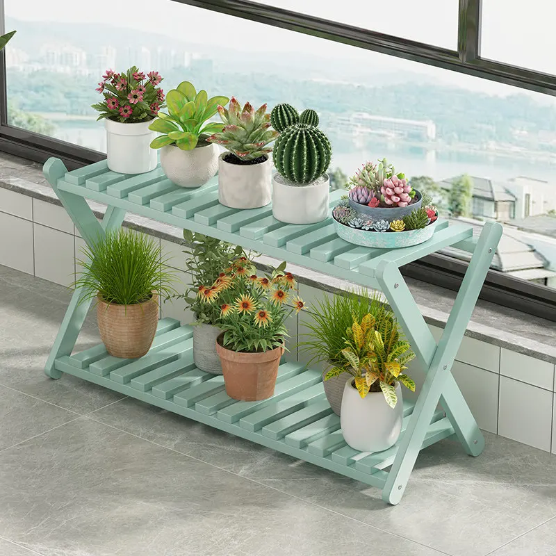 Double layered bamboo and wood folding flower rack, balcony plant rack, flower pot rack, courtyard flower rack, storage rack