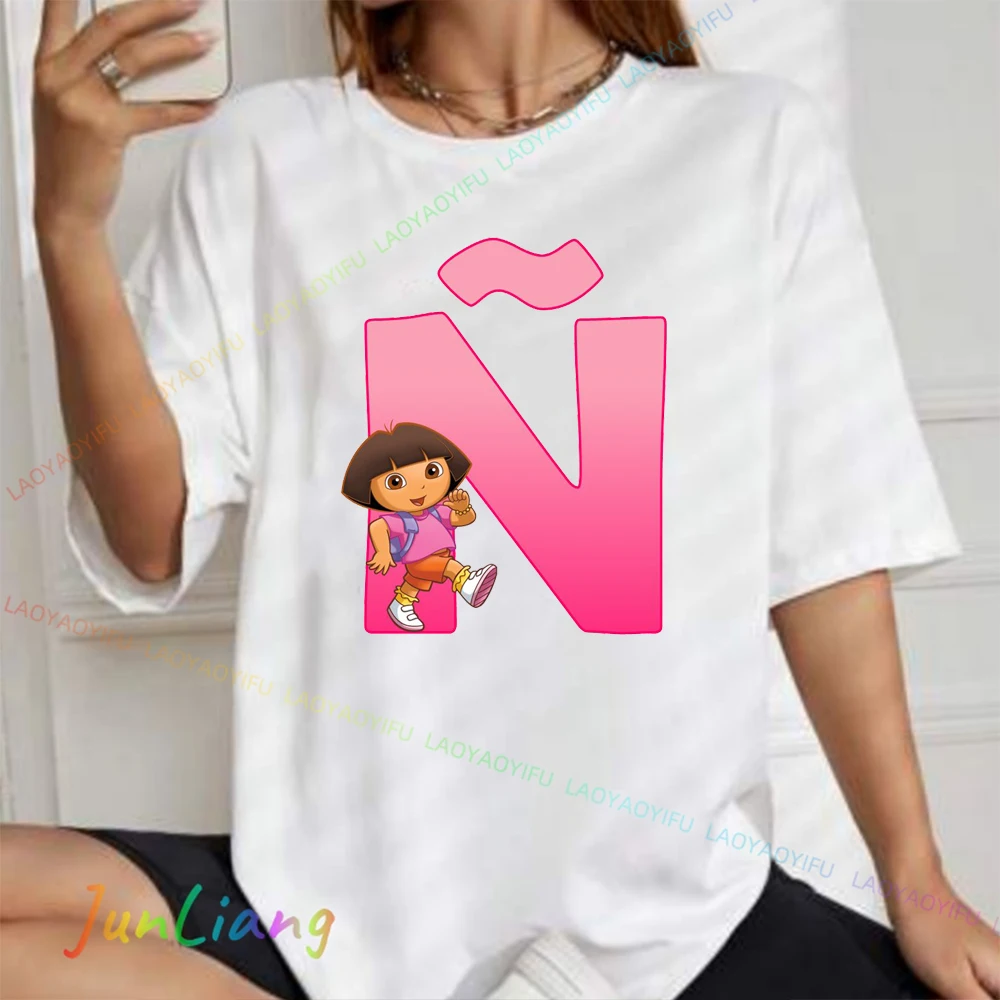 دورا المستكشف لطيف Harajuku الكرتون نمط تي شيرت للجنسين النساء الرجال بلايز رسالة عدد الطباعة الجرافيك ملابس علوية من القطن #6