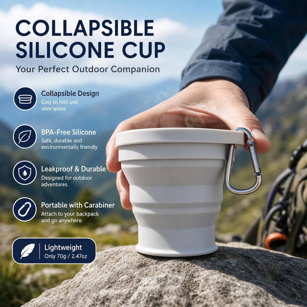 Collapsible Silicone Cup BPA-Free Foldable Travel Mug with Lid Carabiner Lightweight Hot Cold Resistant for Outdoor Hiking Camp