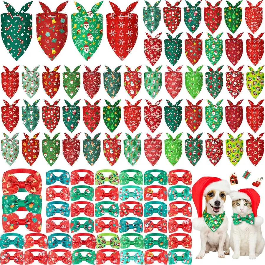 

100 шт. рождественские банданы для собак, объемные и очаровательные воротники-бабочки, набор 50 рождественских банданов для собак, 50 рождественских ошейников для собак, Санта-Снежинка