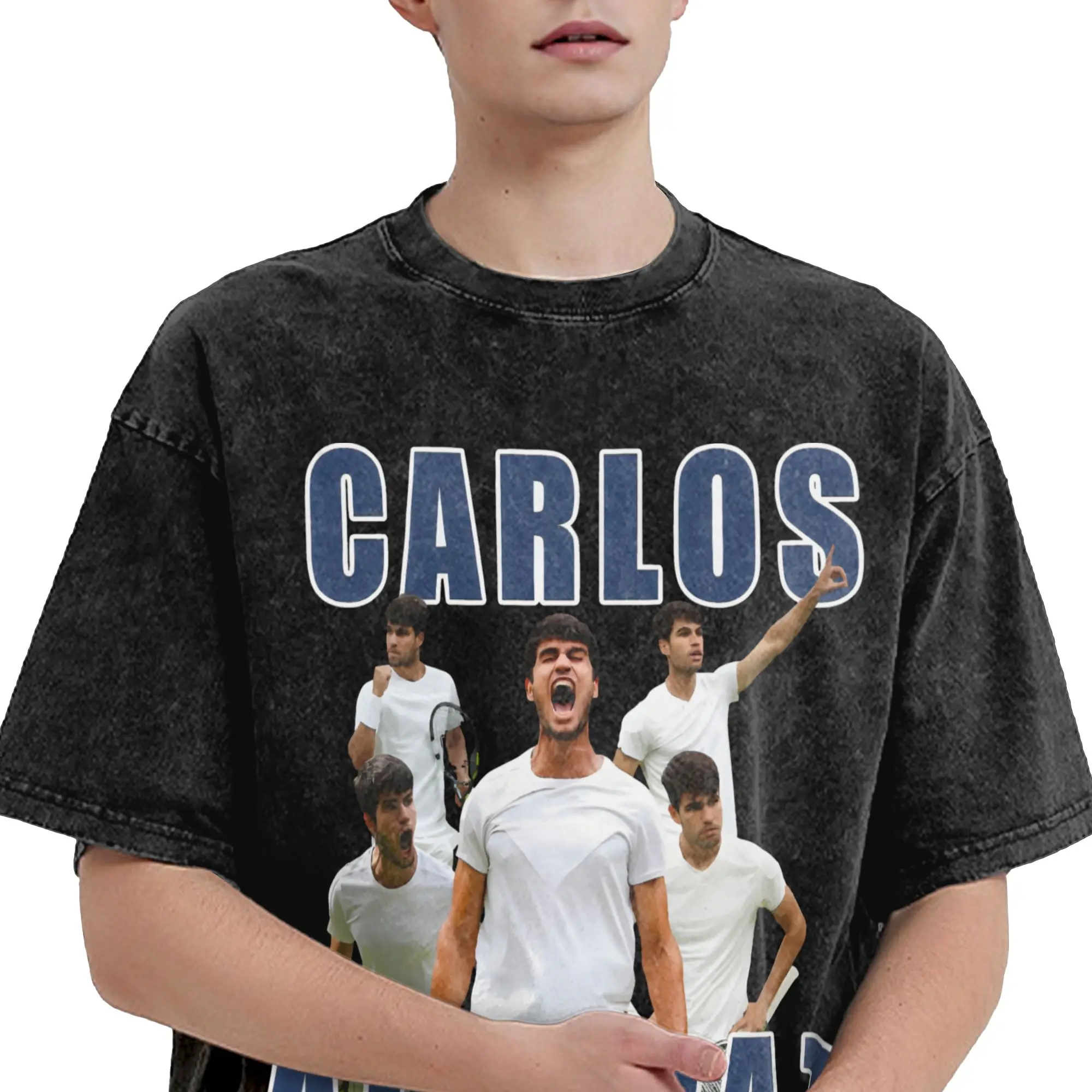 Carlos Alcaraz Men T Shirt Washed  Leisure Tee Shirt Short Sleeve Crew Neck T-Shirts Pure Cotton Big Size Tops