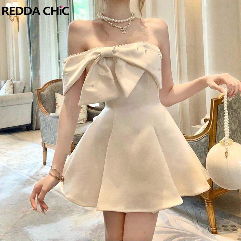 REDDACHiC Cutecore Bow Abito da festa da donna Perla con perline Spalle scoperte Senza spalline Mini abito lucido Abiti estivi da principessa