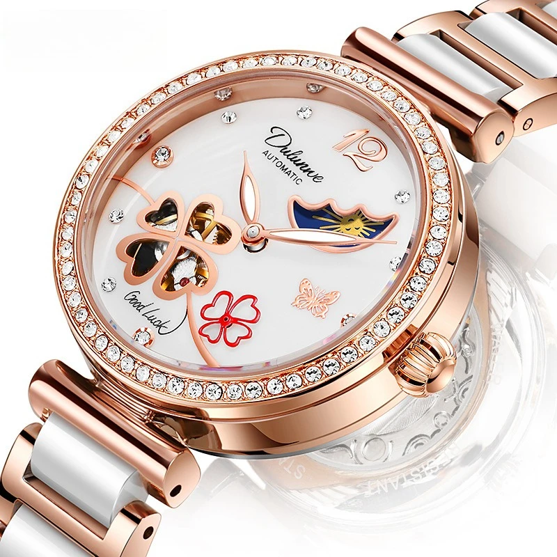 Stainless Steel Lucky Four-Leaf Clover Series Luxury Shell Skeleton Luminous Waterproof Self-Wind Automatic Watch for Women