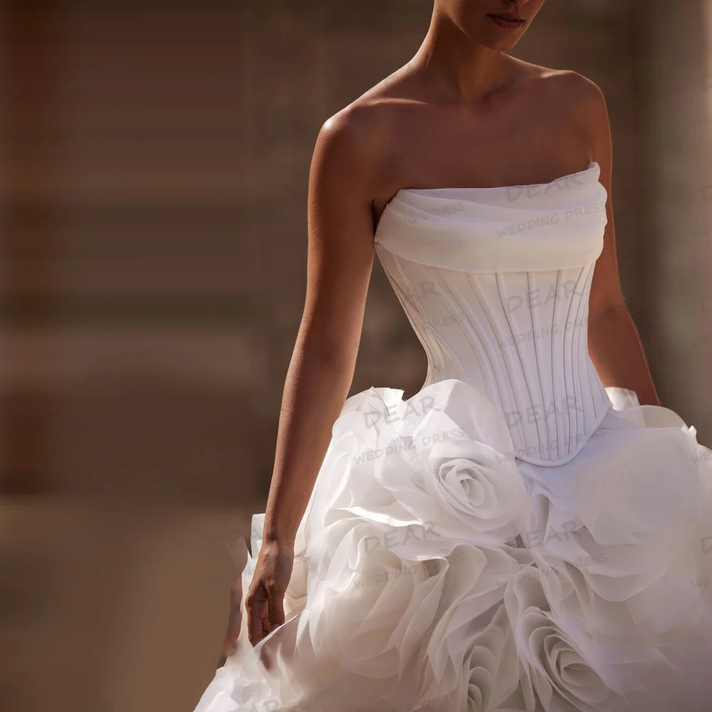 럭셔리 섹시 웨딩드레스 A라인 플러피 3D 꽃 여성 신부 드레스 민소매 베스티도스 데 노비아 맞춤 제작 2025 볼 가운